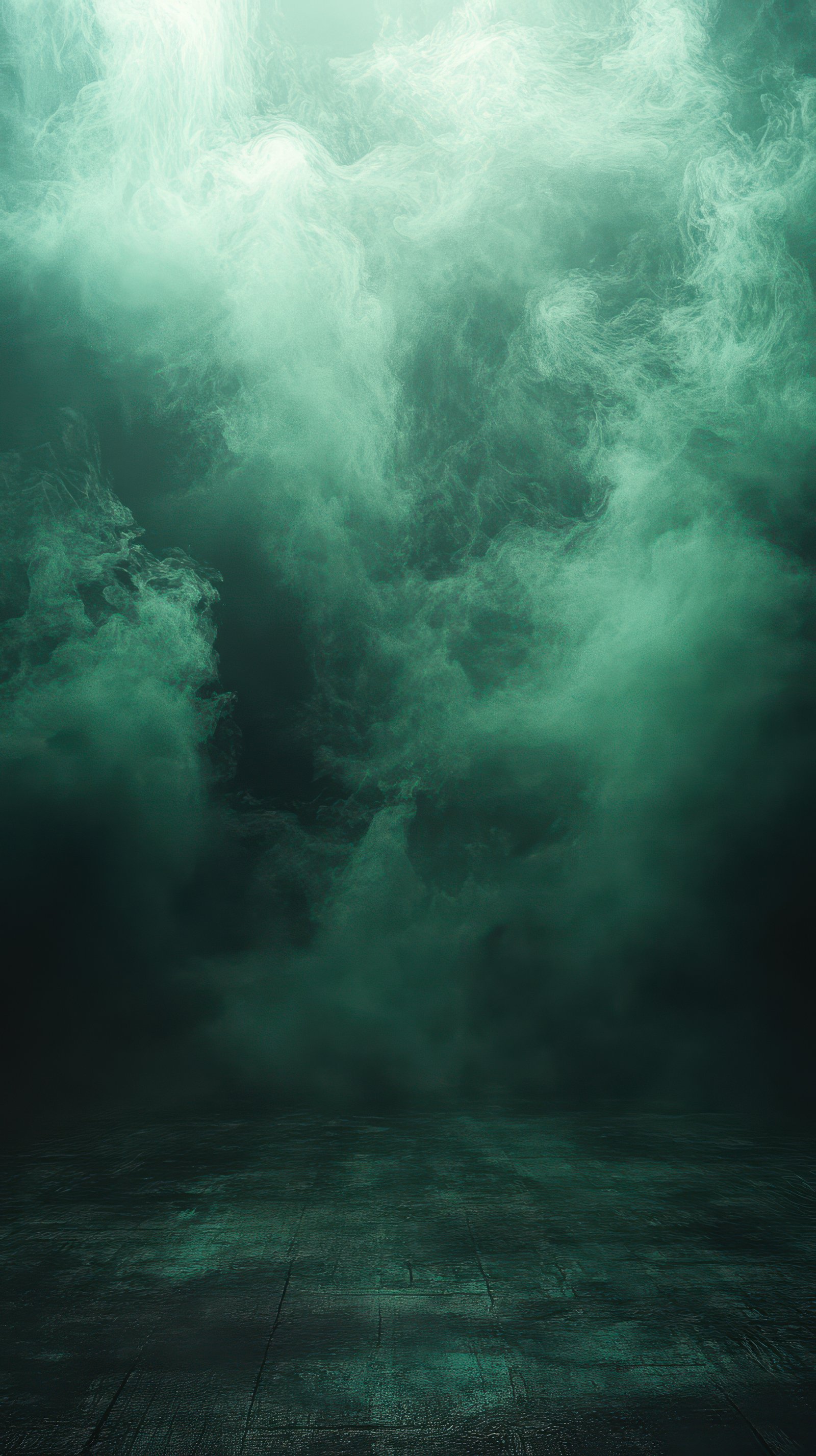 Mysterious green fog envelops an empty space creating an ethereal atmosphere in a dark environment